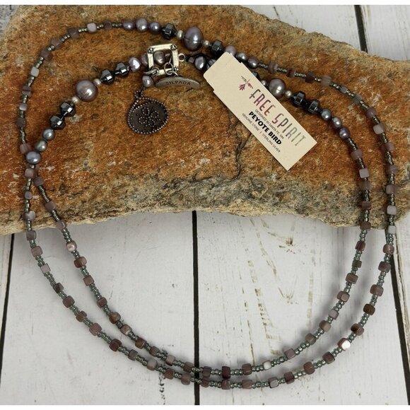Peyote Bird Jewelry - Peyote Bird Pearl Lipidolite Hematite Sterling Silver Beaded Necklace 34” J033